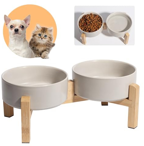 Comedero y Bebedero Elevado para Perro - Cuencos Dobles de cerámica con Soporte de bambú - Set de Platos para Comida y Agua - Ideal para Gatos y Perros pequeños - 2 x 480 ml