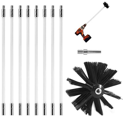 Gobesty Kaminbürste, Ofenrohrbürste, Kaminbesen Schornsteinbesen Kunststoff, Kaminbürste Stange Set mit 8 Flexible Stangen 410mm & 1 Bürstenkopf, Trockenrohr Reinigungsbürste für Schornstein Ofenrohre