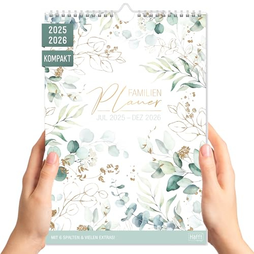 Häfft® Familienkalender 2025/2026 mit 6 Spalten Blattgold kompakter Wandkalender für 18 Monate Jul 25 bis Dez 26 - Familienplaner Wandplaner 22,5 x 32,4 cm - nachhaltig & klimafreundlich