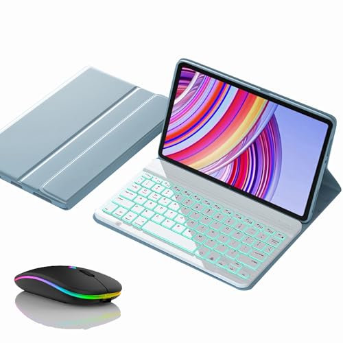 JZCZMCE Funda con Teclado para Redmi Pad Pro 12.1, Contiene Ñ, Teclado Retroiluminación Inalámbrico Desmontable Magnético con Ratón Bluetooth,Azul
