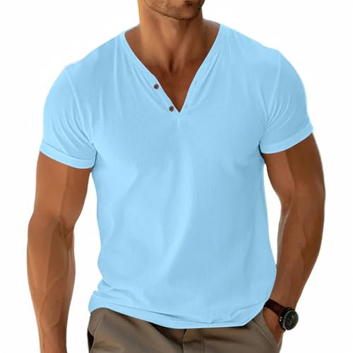 Mens Basic Tees Henley T-Shirt Short Sleeve Tops Casual Shirt Cotton Button V-Neck Lightweight Soft Stretch Lightblue XXL