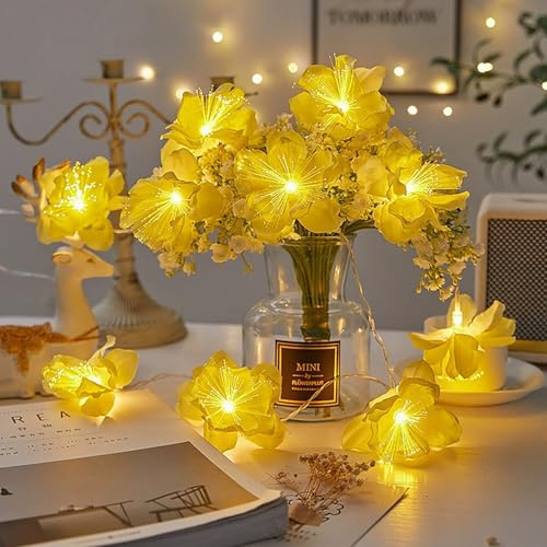 SUAVER LED Lichterkette Nachtkerze Blume Batterie Blumengirlande Stimmungslicht für Zimmer,Party,Hochzeit, Dekorative Lichter Frühling Deko Innen Außen,Geschenke für Frauen Mädchen (Gelb, 2m 10LED)