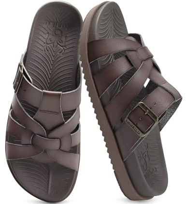 Kuailu Gladiator Sandals for Women Comfortable Arch Support Summer Beach Vacation Walking Travel Flats Orthopedic Strappy Slides Boho Dress Outfits Fisherman Slip on Cushion Leather Shoes Brown Size 9