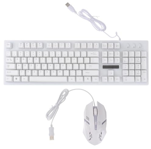 Ensemble Clavier et Souris USB Filaire de Jeu, 104 Touches, Blanc | Plastique Résistant, Conception Non Conflictuelle, Éclairage Lumineux, 4 Touches, pour Bureau et Maison