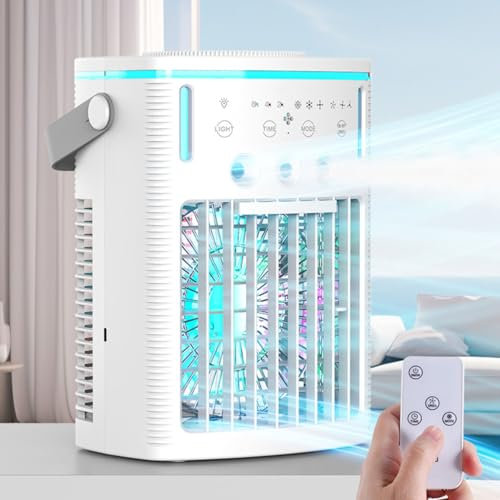 GWFBLID Aire Acondicionado Portátil 4 en 1 Mini Enfriador de Aire Portátil Ventilador de Enfriamiento de Aire Personal Pequeño con 7 Colores LED 3 Modo Niebla y 3 Velocidades para Coche Oficina Hogar