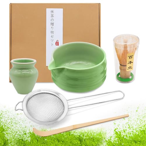 Shudyear 6pcs Matcha Whisk Set, Ceramic Matcha Bowl, Bamboo Matcha Whisk & Holder, Bamboo Scoop & Strainer, Handcrafted Matcha Kit (Green)