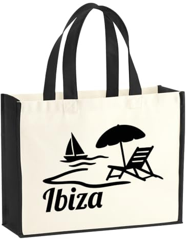 Huuraa Jutetasche Ibiza Spanien Geschenk | Großer Shopper 21 Liter Juteshopper Black Tasche aus Jute und Baumwolle Einkaufstasche Geschenkidee Tragetasche mit Motiv
