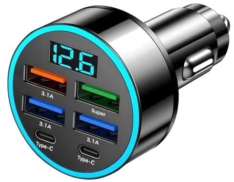 USB C Car Charger 6 Ports 45W Car USB Socket Adapter for Car USB | Fast Charging Car Charger Adapter with LED Voltmeter, Fits Car Cigarette Lighter Multi Socket for iPhone Samsung Android iPad
