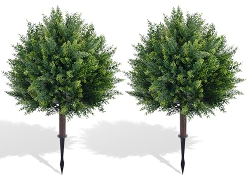 28 inch Artificial Topiary Cedar Tree, 2 Sets Faux Cypress Topiary with Spikes, Cedar Ball Fake Bushes Shrubs Plants Norfolk Pine Tree UV Resistant for Front Porch Outdoor Spring Decor Pot Fillers