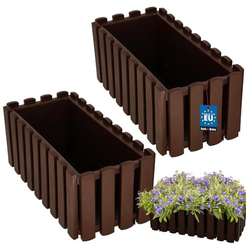 KOTARBAU® Uppsättning av 2 blomlådor – blomkruka – 38 x 16 cm – brun – plast – planteringslåda – balkonglåda – rektangulär planteringskruka – ytterkruka stor – blomlåda balkong