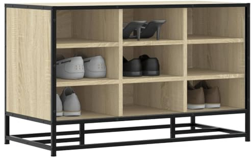 SDWEHO7 Schuhbank mit 9 offenen Fächern, Schuhschrank für Eingang, Flur, Wohnzimmer, Robust und langlebig, 84 x 40 x 53.5 cm Sonoma-Eiche Holzwerkstoff und Metall