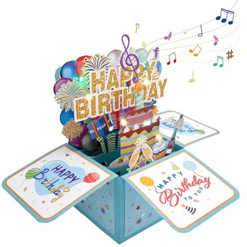 AURIVEE Biglietti auguri compleanno 3D con musica, luci LED e candele spegni soffiando - Scatola regalo pop-up per donne, uomini, bambini e adulti (Blu)