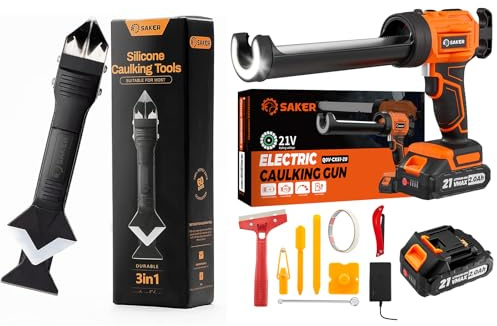 Saker Cordless Electric Caulk Gun with LED Light & 2 Batteries + 3-in-1 Silicone Caulking Tools Set, Drip-Free Caulking Gun Kit with Adjustable Speeds, Caulk Remover & Finishing Scraper