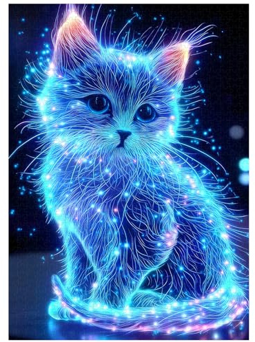 Artinhand 1000 Teile Puzzle für Erwachsene Blau Leuchtende Katze Puzzles | Niedliches Tier Puzzle für Erwachsene und Kinder Heimdekoration Geburtstagsparty Geschenk Spielzeug 70x50 cm