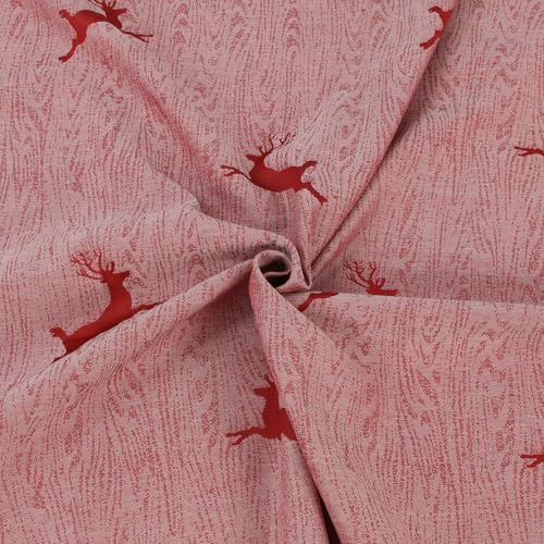 Hirsch Stoff Meterware Rot Holzoptik – Jacquard Dekostoff 140 cm breit – Landhaus Stoff Polyester Viskose – doppelseitig & pflegeleicht – Made in Germany