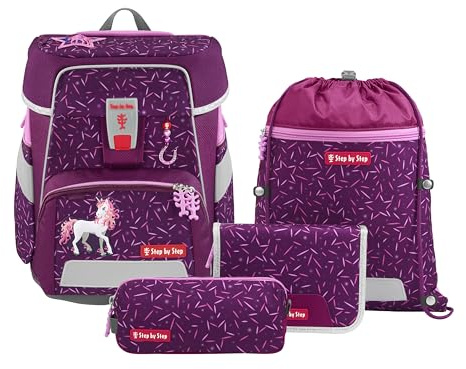 Step by Step Schulranzen-Set SPACE „Pretty Unicorn Nuala“ 5-teilig, rosa, Einhorn-Design, ergonomischer Tornister mit Reflektoren, höhenverstellbar mit Hüftgurt für Mädchen ab der 1. Klasse, 20L