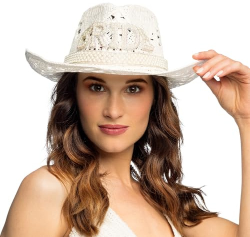 Boland - Cowboyhut Summer Bride, 57 cm | Western Hut mit Perlen und Strass für JGA, Hochzeit und Boho Mottoparty, Cowgirl