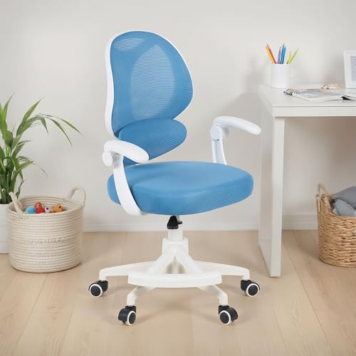 IDIMEX Schreibtischstuhl ISLA mit Fußstütze, Blau – ergonomischer Schreibtischstuhl für Kinder und Jugendliche, höhenverstellbar, drehbar mit Lendenstütze, atmungsaktiver Netzrücken, Armlehnen
