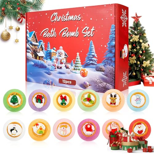 Weihnachten Badebomben Set - 12 Stück Frucht- und Pflanzenaromen Bath Bomb mit Überraschungselement, Feuchtigkeitsspendend und Entspannend, Badekugeln Geschenk Set für Erwachsene
