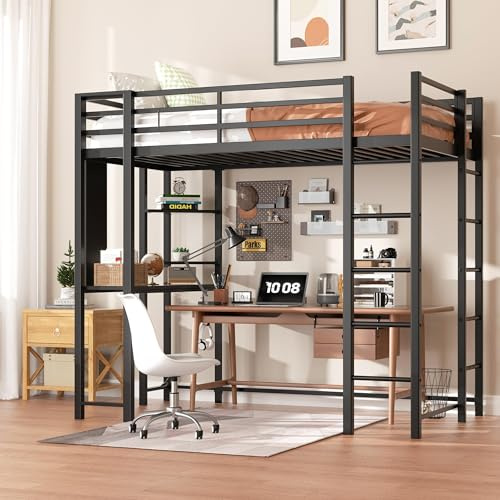 Shintenchi Loft Bed Full Size with Desk and Storage Shelves, Frame with 2 Side Ladders for Kids, Teens Adults, Spcace-Saving Noise-Free and Anti-tilt Design, Black