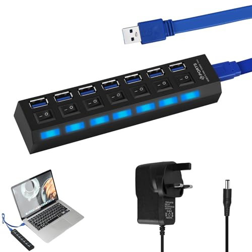 7 Port USB Hub Powered 3.0 2.0 Fast USB Data Hub Splitter with Individual LED Power Switches for Laptop Desktop PCS Macbooks, USB Extension Splitter Including 5V 2A Power Adapter Multiple Devices