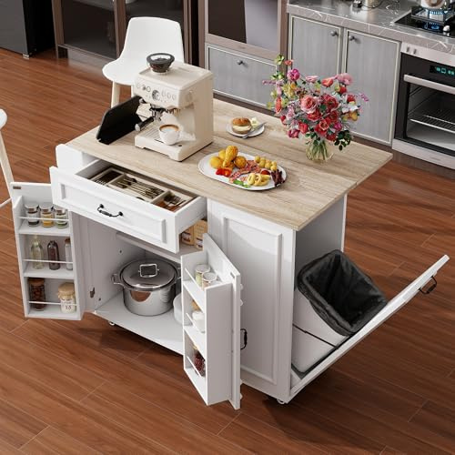 Sapgaks Desserte îlot de Cuisine sur roulettes avec USB, Meuble de Cuisine avec Plans de Travail Rabattable et Compartiment Poubelle, 1 Tiroirs, Porte-torchons, 2 Portes avec Rangement, Blanc