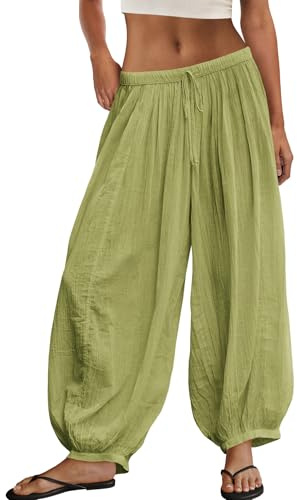 SENSERISE Womens Summer Balloon Pants Sheer Wide Leg Trousers Palazzo Harem Pants Beach Vacation Clothes with Pockets(Light Green,XL)
