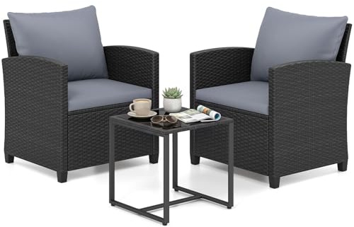 COSTWAY Rattan trädgårdsmöbler, balkongmöbler för liten balkong, balkongmöbler inkl. 2 stolar med kuddar & glasbord, balkongset för 2 personer, utomhussittgrupp för trädgård och pool (Svart-Grå)
