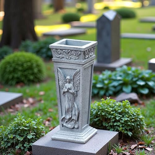 Auratrove Jarrón de resina para cementerio con pincho, soporte de flores conmemorativas gris de 15.1 pulgadas con agujero de drenaje para decoración de tumbas, jardín, exterior, diseño de ángel