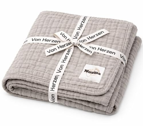 Nuvina Babydecke aus 100% Bio-Baumwolle Musselin 120x80 cm – 8-lagige Kuscheldecke für Neugeborene & Babys – Weich, Atmungsaktiv, GOTS Zertifiziert – Ganzjahresdecke (Elefantgrau)