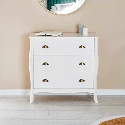 IDIMEX Commode de Chambre Antoinette Style Baroque Rococo Inspiration Louis XV Design Moderne, Rangement avec 3 tiroirs, en pin Massif lasuré Blanc