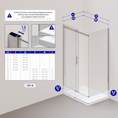 i-flair Duschkabine VIOLA mit Schiebetür 140x90 cm Tür: 140cm, Höhe: 200 cm Eckduschkabine mit Fronteinstieg und Rollsystem aus 8mm Nano ESG Sicherheitsglas - LINKS UND RECHTS MONTIERBAR! - DK806