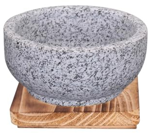 XICHENGSHIDAI Granitsteinschale mit Holzsockel, dicke koreanische Steinschale mit Tablett für Bibimbap, koreanische Suppe und Eintopf, für Backofen und Herd - 1500ml