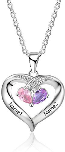 Personalisierte Sterling Silber Halsketten mit Herzanhänger 2 Simulierte Birthstone Halskette Echt Silber Gravur für Frauen halskette Valentinstag, Muttertag für Mama，Freundin, Ehefrau Geschenk