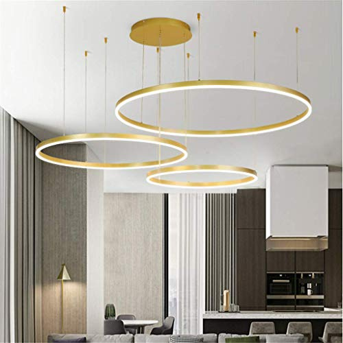 JINWELL LED Pendelleuchte Esstischlampe Pendellampe Wohnzimmerlampe Dimmbar Mit Fernbedienung Hängelampe Modern Kronleuchter Rund Ring Leuchten Aluminium Acryl Deckenleuchte 45W Gold 3laps 20+40+60cm