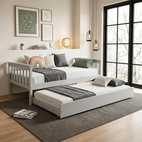 Panana Pull-out Bed Frame, Wooden 2-in-1 Single Bed Frame,Convertible Guest Bed with Trundle, Solid Pine Bed with Headboard & Footboard,for Kids/Adults (Grey)
