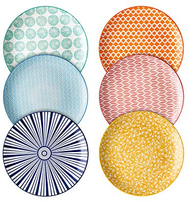 Selamica 10 inch Porcelain Dinner Plates, Large Size Serving Plate for Salad, Pancakes, Steak, Set of 6, Assorted Colors