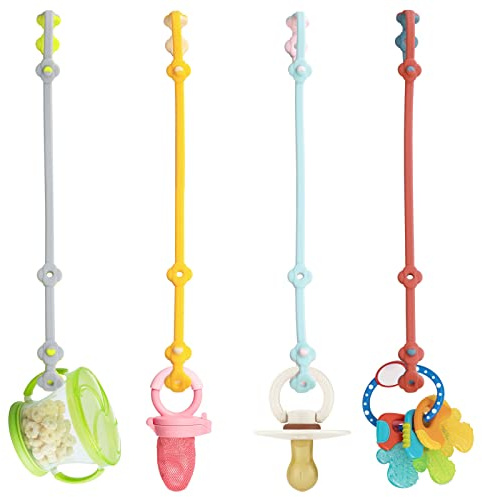 SMAUTOLIFE Toy Safety Straps 4PK Stretchable Silicone Pacifier Clips Baby Toddler Teether Bottle Harness Straps for Strollers,High Chair,Shopping Cart,Cribs,Exersaucer