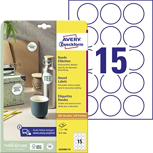 AVERY Zweckform 10 etiquetas redondas (150 puntos adhesivos, diámetro de 51 mm en A4, pegatinas redondas para imprimir, se pueden retirar sin dejar residuos, 10 hojas, color blanco