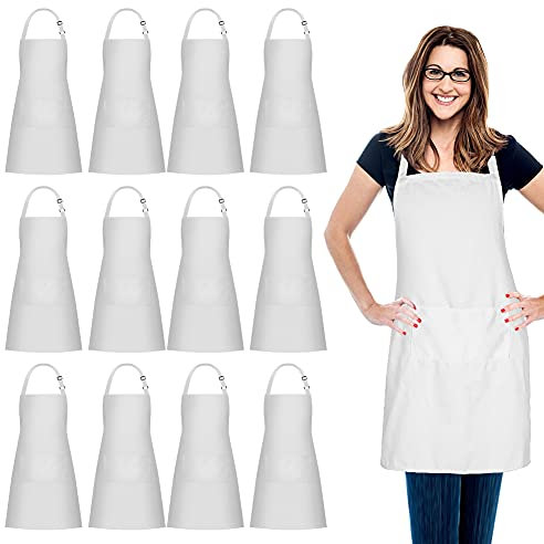 Jubatus 12 Stück 100% Baumwolle Schürzen Bulk mit 2 Taschen Kochen Koch Küche Verstellbare Latzschürze für Damen Herren, Weiß