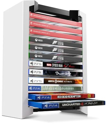 TNP Universal Video Game Storage Tower for PS5, PS4, PS3, Nintendo Switch, Xbox One, Xbox Series S/X - White Video Game Holder Organizer Stand with 12 CD Case Storage for Organizing & Displaying