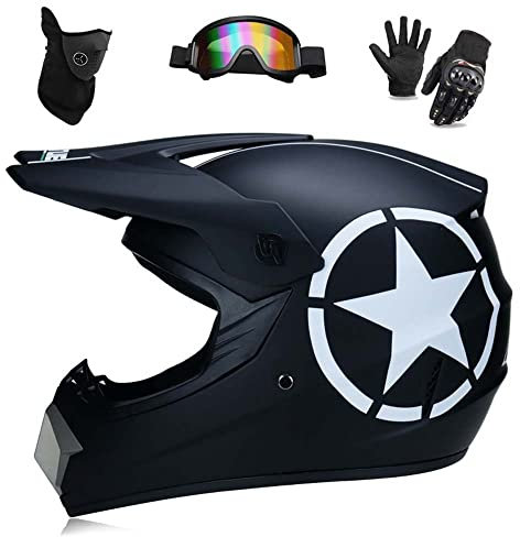 WEITY Motocross-Helm, Brille, Handschuhe, Maske 4-teiliges Set, MTB AVT Motorrad-Crosshelm, DOT-geprüft, geeignet für Erwachsene, Kinder, Männer und Frauen (black five star,S)