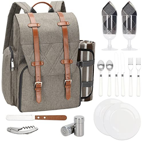 Picknick-Rucksack für 2 Personen mit großer isolierter Kühltasche, Picknickkorb-Set mit Weintasche, wasserdichte Picknickdecke & Besteck-Set Perfekt für Strand, Hochzeitsgeschenk für Paare, Beige