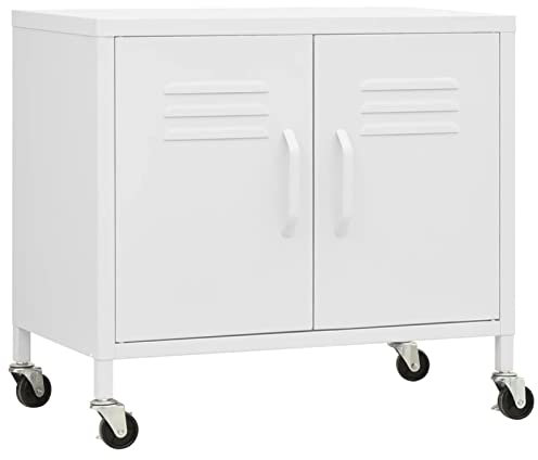 Gecheer Lagerschrank mit Rollen Stahlschrank Sideboard Schrank Bücherschrank Kommode Anrichte Mehrzweckschrank Weiß 60 x 35 x 49 cm (B x T x H) Mit Einer einstellbaren Ablage,Stahl