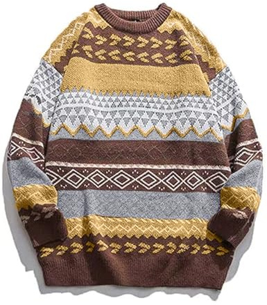 PEHMEA Men's Vintage Striped Sweater Oversized Crewneck Long Sleeve Knitted Pullover Jumper(Coffee-M)
