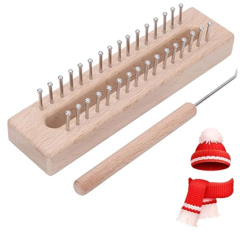 Beufee Hölzerner Strickwebstuhl mit Ellbogen Häkelnadel, 6.3 x 1.6 x 1.4in rechteckige Handweaving Machine Webstuhl Weben Kit Strickbrett 32 Pegs für Schal Pullover Schal Schal Hut Handwerk