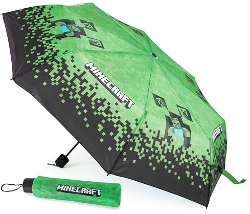 Minecraft Paraguas Plegable Niños, Ligero y Telescópico - Accesorios de Viaje (Negro/Verde)