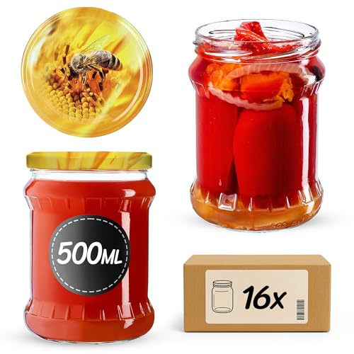 KADAX 16er Set Einmachgläser 500ml TO82 Biene, Sturzgläser Mason Jar mit Schraubdeckel, Luftdichte Twist-off Gläser, Meal Prep, Overnight Oats, Sauerteig