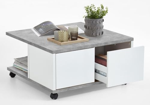 Wohnorama Twin 1 Couchtisch auf Rollen Beton/Weiss Edelglanz by i