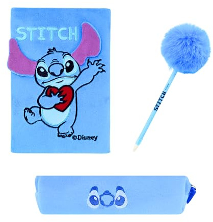 Disney Stitch Schreibwaren Set, Bestehend aus Notizbuch, Pom Pom Stift und Federmäppchen, Geschenk für Mädchen und Jugendliche
